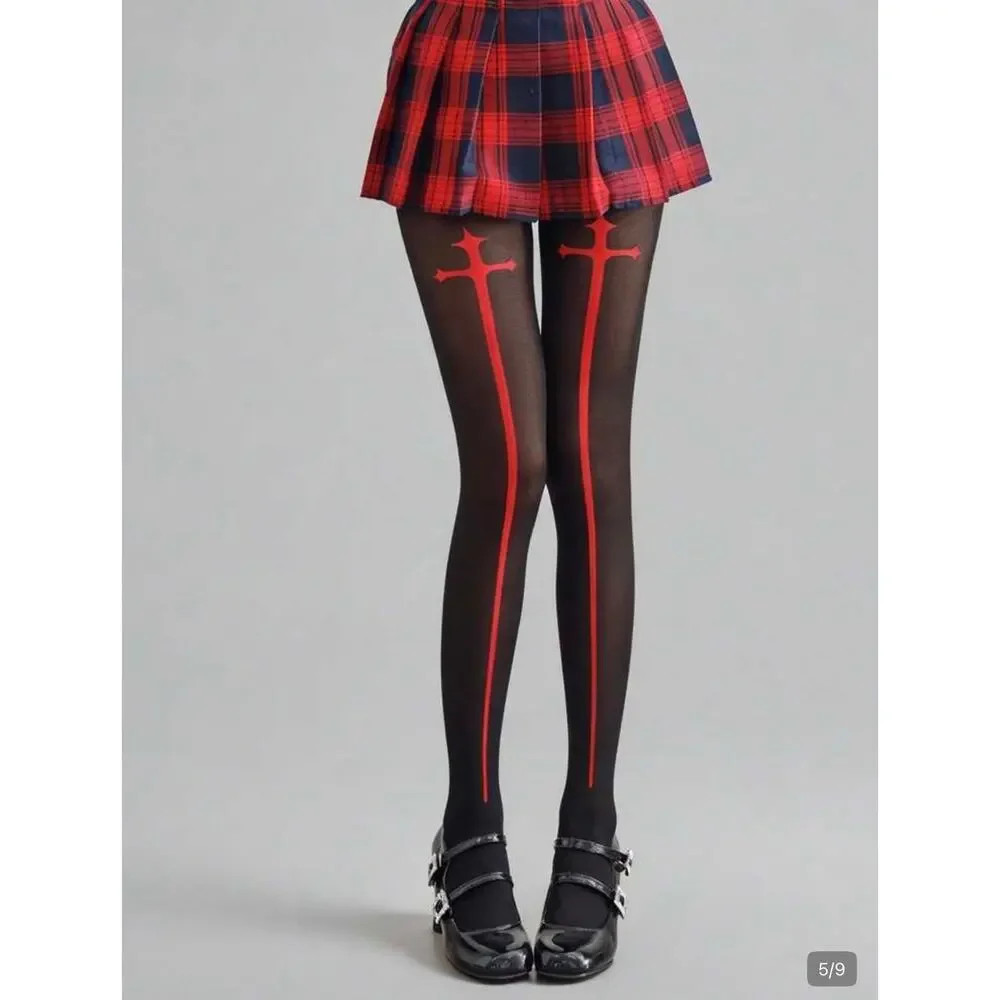 NWT Black & Red Gothic Cross Print Tights